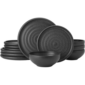 image:imageMikasa Declan 12 Piece Stoneware Dinnerware Set Service for 4 Modern Black Plate and Bowl Dishes with High Rims Black