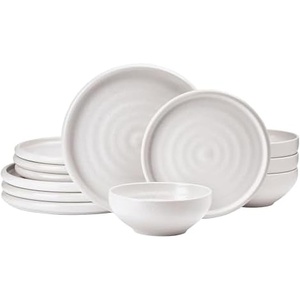 image:imageMikasa Declan 12 Piece Stoneware Dinnerware Set Service for 4 Modern Plate and Bowl with High Rims for Everyday Use Beige