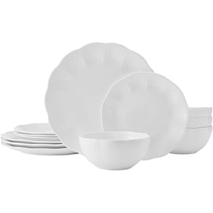 image:imageMikasa Flora Scalloped Lightweight Chip Resistant Bone China 12 Piece Plate Bowl Dinnerware Set Service for 4 White