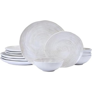 image:imageMikasa Harley 12 Piece Stoneware HandCrafted Dinnerware Set Service for 4 Plate and Bowl Modern with Organic Freeform Shape White