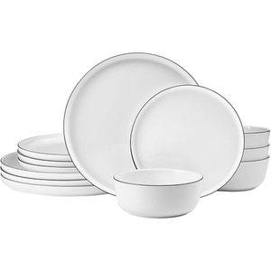 image:imageMikasa Samantha 12 Piece Bone China Dinnerware Plate and Bowl Set Service for 4 Black Banded Rim ChipResistant Lightweight Durable White