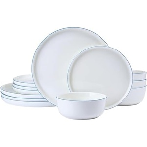 image:imageMikasa Samantha 12 Piece Bone China Dinnerware Set Service for 4 Flat Plates and Bowl with Blue Rim ChipResistant Lightweight Elegant and Durable White
