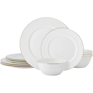 image:imageMikasa Trellis Gold Rim Bone China Lightweight Chip Resistant 12 Piece Dinnerware Set Service for 4