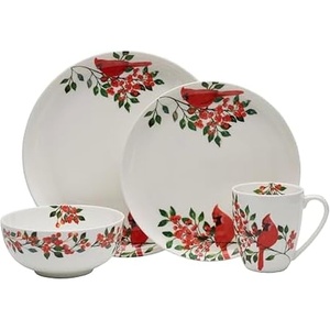 image:imageMikasa Cardinal Leaves Holiday Bone China Lightweight Chip Resistant Dinnerware Set Service for 4