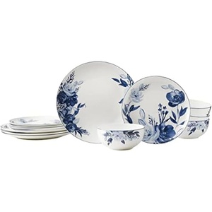 image:imageMikasa Darcy Bone China Lightweight Chip Resistant 12 Piece Dinnerware Set Service for 4Blue and White