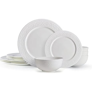 image:imageMikasa Miles Bone China Lightweight Chip Resistant 12 Piece Dinnerware Set Service for 4 WhiteHaven