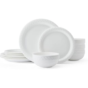 image:imageMikasa Miles Bone China Lightweight Chip Resistant 12 Piece Dinnerware Set Service for 4 WhiteShay