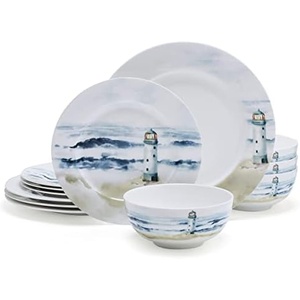 image:imageMikasa Quinn Lightweight Bone China 12 Piece Dinnerware Plate Bowl Set Service for 4Seaside