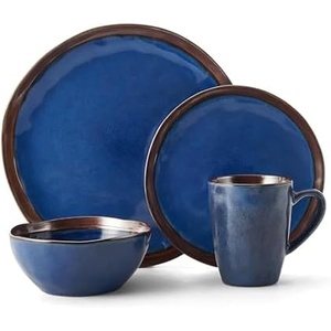 image:imageMikasa Talia Blue 16Piece Dinnerware Set Service for 4  Bold Stoneware with Reactive Glaze amp Metallic Rose Gold Accents Microwave amp Dishwasher Safe  Minimalist Dinnerware Set for Everyday Use