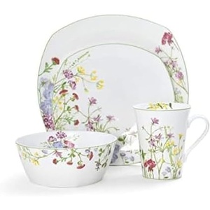 image:imageMikasa Wildflower Garden Dinnerware Set 16Piece Bone China Dishes Service for 4 Square Plates and Bowls Set with Mugs Floral Design Dishwasher and Microwave Safe